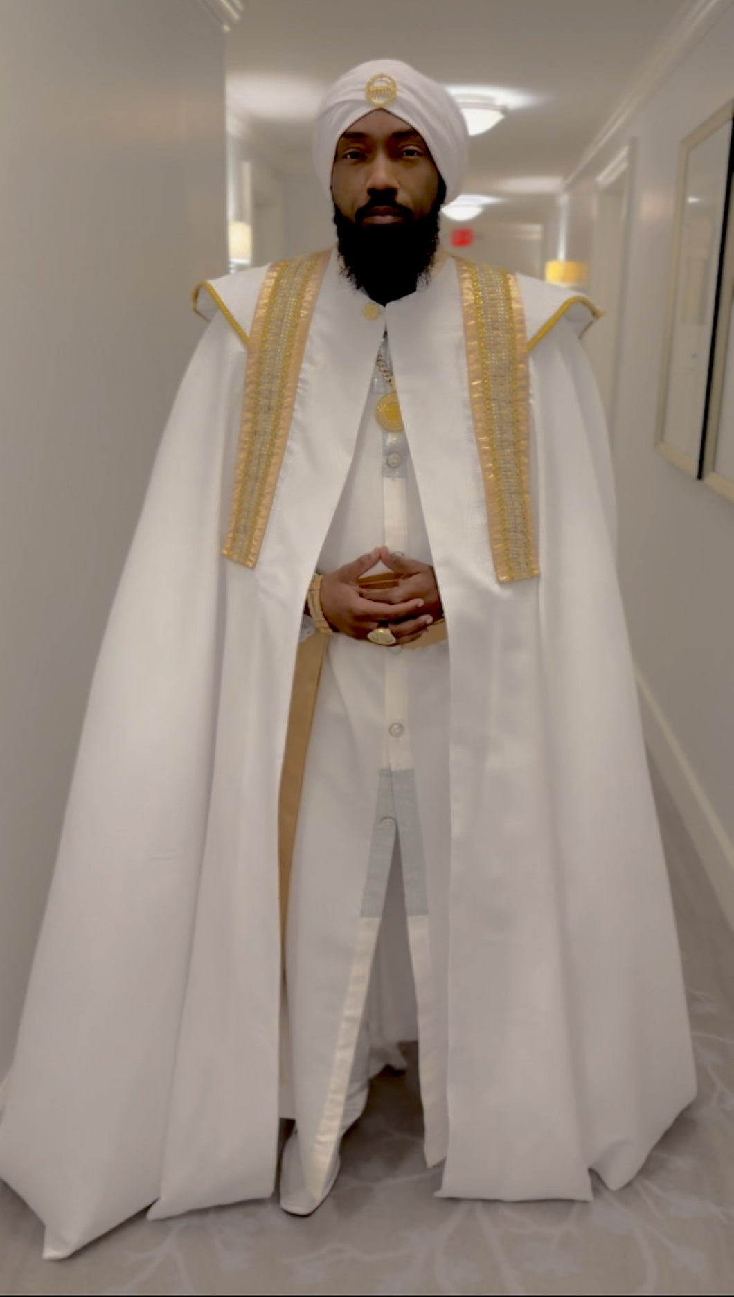 King Yahweh Royal White Cape w/ Exalted Shoulders Adorned in Magnificent Gold