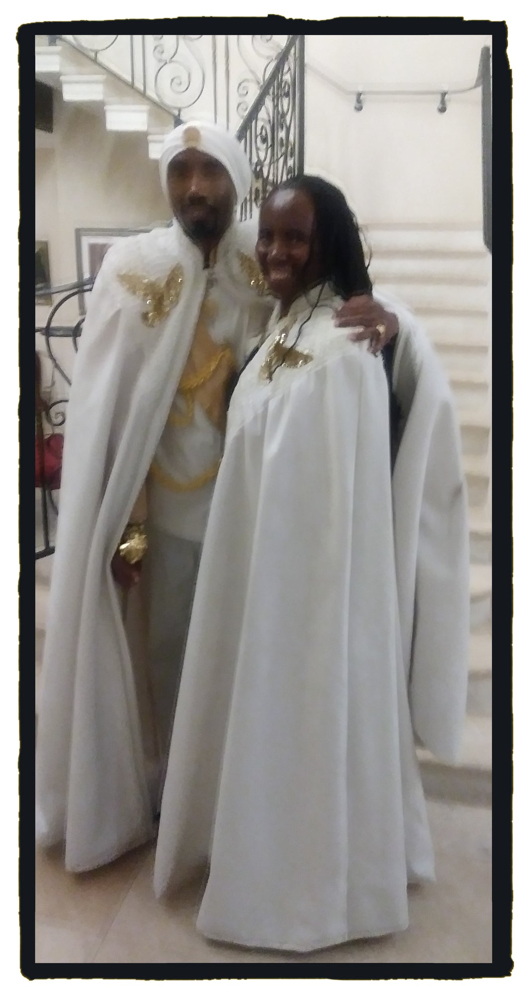 KING YAHWEH ROYAL ATTIRE!  King Yahweh and Queen Yahweh Custom Made Cape Ensemble in Velvet Only w/two toned gold and white lining. Front has pearls and trim with heavenly gold doves.