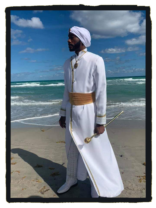 KING YAHWEH ROYAL ATTIRE! Custom Made Robe Set, White Robe with Majestic Gold/Silver Trim on Front and Collar. Sleeves have contrast  fabric with tailored pants