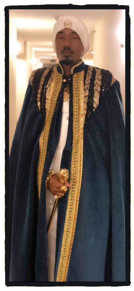 KING YAHWEH ROYAL ATTIRE! Custom Made Cape, Cape made with Regal Sapphire Blue Velvet w/ Black and Gold Front and Back.