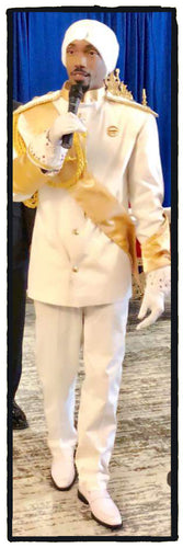 KING YAHWEH ROYAL ATTIRE! Custom Made Heavenly Host  Commander Suit!, White Suit, has designer shoulder epaulets. Tailored pants with gold satin strips on the sides. ( Accessories sold separately)