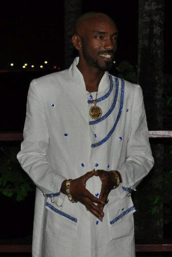 KING YAHWEH ROYAL ATTIRE! Custom Made Robe Set, White Robe in 100% Linen and Royal Blue Rhinestones across the front and pockets. Blue Rhinestone Buttons.